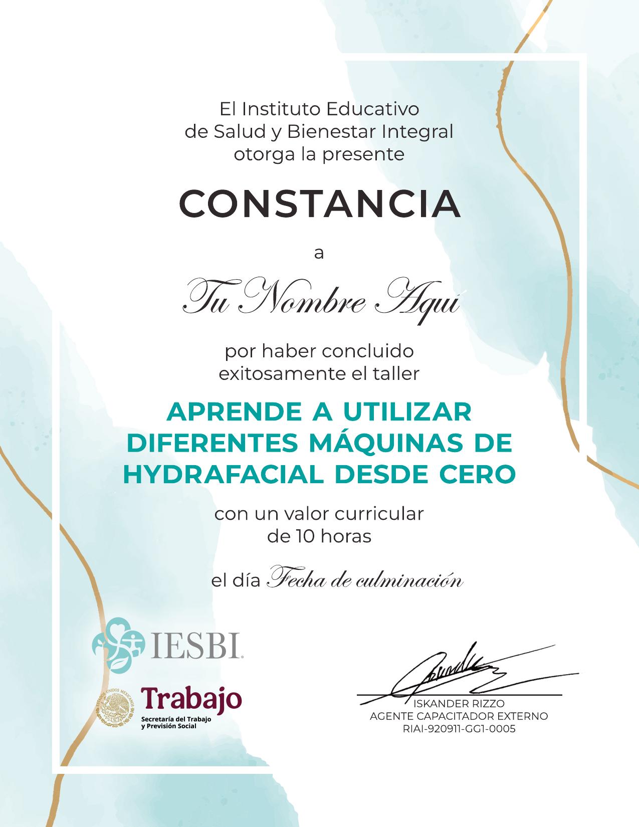 Ejemplo de constancia digital IESBI México - Curso Hydrafacial